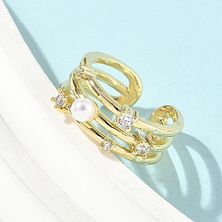 Настоящее золото 18K Кольца-манжеты из латуни с микропаве из кубического циркония и имитацией жемчуга, двойное кольцо с жемчужным цветком, реальный 18 k позолоченный, 8 мм