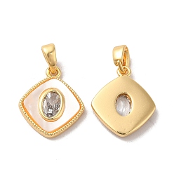 Real 18K Gold Plated Brass Cubic Zirconia Pendants, with Shell, Rhombus with Oval Pattern, Real 18K Gold Plated, 16x13.5x2.6mm, Hole: 2x3.4mm