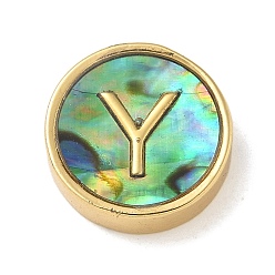 Letter Y Латунные бусины, с имитацией смолы ракушки пауа, плоско-круглые, реальный 14 k позолоченный, Письмо Y, 13.5x4 мм, отверстие : 1.6 мм