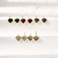 (52) Непрозрачная лаванда Серьги-гвоздики в форме сердца из латуни с кубическим цирконием, без кадмия и без свинца, долговечный, стойки покрытие, реальный 18 k позолоченный, разноцветные, 6x6.5 мм