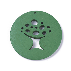 Green Wood Big Pendants, Flat Round with Tree, Dyed, Green, 49.5~50.5x4.5~5mm, Hole: 1.5mm