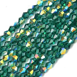 чирок Гальванизируйте прозрачное стекло бисер нитей, двухконусные, с покрытием AB цвета, граненые, с половиным покрытием, зелено-синие, 4.5x3.5~4 мм, отверстие : 0.8~1 мм, около 82~83 шт / нитка, 12.01''~12.20'' (30.5~31 см).