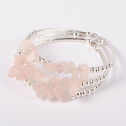 Rose Quartz Gemstone Chip Bead Cuff Bracelets, with Brass Tube Beads and Iron Round Beads, Silver Color Plated, Rose Quartz, 50x55mm