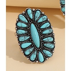 Античное Серебро Овальный сплав с регулируемыми манжетными кольцами из синтетической бирюзы, античное серебро, овальный : 35x23 mm, внутренний диаметр: регулируемый