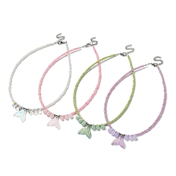 Mixed Color Glass Whale Tail Pendant Necklace with Beaded Chains, Mixed Color, 14.57~14.76 inch(37~37.5cm)