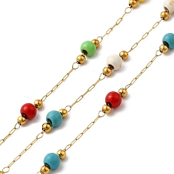 Золотой Ручная работа 304 цепочки из нержавеющей стали и синтетической бирюзы, пайки, с 316 цепью и катушкой из нержавеющей стали, ионное покрытие (ip), круглые, золотые, бусины : 3 мм и 2 мм