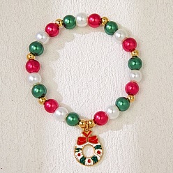 Christmas Wreath 8мм рождественские белые, зеленые, красные круглые стеклянные бисерные эластичные браслеты, с сплава эмали прелести, золотые, Рождественский венок, 7.09 дюйм (18 см)