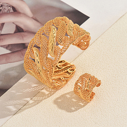 Golden Vintage Alloy Filigree Cuff Bangle & Ring Set, Open Cuff Jewelry with Mesh Design for Women, Golden, Inner Diameter: 60~80mm
