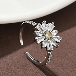 Платина Кольца-манжеты из цветочной латуни с микропаве из кубического циркония для женщин, без кадмия и без свинца, стойки покрытие, платина, 13x13.5 мм, размер США 6 1/4 (16.7 мм)