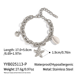 Нержавеющая Сталь Цвет Пляжный стиль 304 браслеты с подвесками из нержавеющей стали, браслеты-цепочки для женщин, морская звезда и форма раковины, цвет нержавеющей стали, 6-3/4 дюйм (17 см)