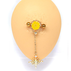 Снежинка 316l хирургические соски-штанги из нержавеющей стали с кубическим цирконием, цепочка кисточка кольца для сосков, золотые, снежинка, 14 мм, штифты : 1.6 мм