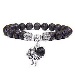 Roca de Lava Pulsera elástica con cuentas de roca de lava natural y dijes de aleación del árbol de la vida, 6-3/4~8-5/8 pulgada (17~22 cm)