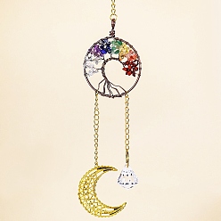 Плоский Круглый Чакра натуральный драгоценный камень чипсы проволочная обертка металл дерево жизни подвесные украшения, луна кисточка ловцы солнца домашний сад наружные украшения, плоско-круглые, 300 мм