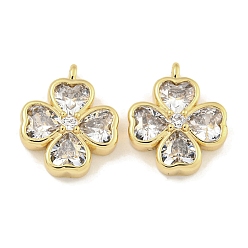 Настоящее золото 18K Латунь с прозрачными подвесками из циркония, без кадмия, без никеля и без свинца, клевер, реальный 18 k позолоченный, 13x11x4 мм, отверстие : 1.3 мм