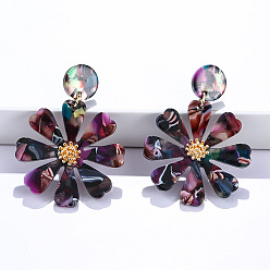 Фиолетовый Серьги-гвоздики из акрила с цветком из сплава, золотые, фиолетовые, 54x33 мм
