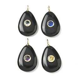 Обсидиан Природные подвески обсидиана, подвески в форме слезы с латунной микрофиброй из кубических цирконий, золотые, цвет циркона случаен, 31x18x7 мм, отверстие : 3x2 мм