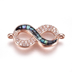 Rose Gold Brass Micro Pave Cubic Zirconia Links, with Abalone Shell/Paua Shell, Infinity, Rose Gold, 10.5x23x3mm, Hole: 1.2mm