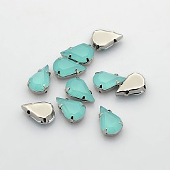 Medium Turquoise Sew on Rhinestone, Multi-strand Links, Taiwan Acrylic Rhinestone, with Platinum Plated Brass Prong Settings, Garment Accessories, Faceted, teardrop, Medium Turquoise, 10x6x4.5mm, Hole: 1mm