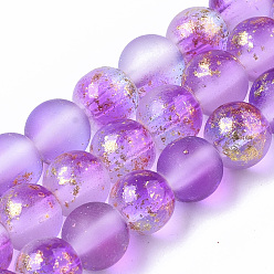 Violet Frosted Spray Painted Glass Beads Strands, with Golden Foil, Round, Violet, 6~7mm, Hole: 1.2~1.5mm, about 65~67pcs/Strand, 14.76 inch~15.12 inch(37.5~38.4cm)