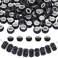 Jet Handmade Polymer Clay Rhinestone European Large Hole Beads with Silver Color Plated Brass Cores, Rondelle, Jet, 11~12x7~7.5mm, Hole: 5mm, 80pcs/set