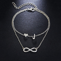 Letter J Браслеты на лодыжку из сплава с подвеской в виде сердца-бесконечности и инициалом, двухслойные, женские., платина, буква J, 7-1/2 дюйм (190 мм)