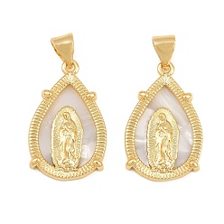 Teardrop Brass Shell Pendants, Virgin Mary Religious Charms, Real 16K Gold Plated, Teardrop, 22.5x14x3mm, Hole: 5x3mm