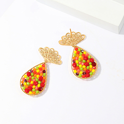 Настоящее золото 18K Модные 201 классические серьги-гвоздики из нержавеющей стали с подвесками из стеклянных бусин, веер со слезой, реальный 18 k позолоченный, 47x24 мм