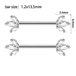 Лист 304 Кольца для сосков из нержавеющей стали с прозрачным кубическим цирконием, булавки для пирсинга сосков, цвет нержавеющей стали, лист, 6.4x5.4 мм, штифты : 13.5x1.2 мм