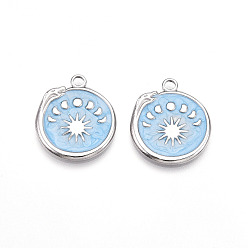 Светло-Голубой 304 подвески из нержавеющей стали, с эмалью, плоский круглый с подвесками в виде змеи, фаз Луны и солнца, цвет нержавеющей стали, Небесно-голубой, 23x20x2 мм, отверстие : 2.5 мм