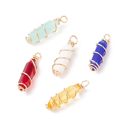 Mixed Color Transparent Glass Pendants, with Golden Tone Copper Wire Wrapped, Bullet, Mixed Color, 26x8x8mm, Hole: 2.5mm