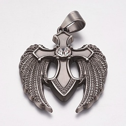 Antique Silver 304 Stainless Steel Pendants, with Rhinestone, Wing with Cross, Antique Silver, 39x49x5mm, Hole: 7x9mm