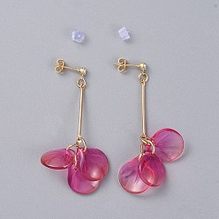 Camellia Glass Cluster Beads Dangle Ear Studs, with Iron Bar, Plastic Ear Nuts, Brass Stud Findings, Cardboard Box, Camellia, 52mm, Pin: 0.8mm