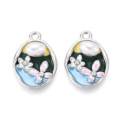 Платина Подвески из сплава с покрытием из стразов и эмали, овальный и цветок, с ABS имитации жемчуга, платина, 22x15.5x6 мм, отверстие : 1.8 мм