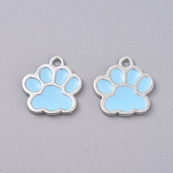 Light Sky Blue Enamel Pendants, with Platinum Plated Alloy Findings, Bear Paw Prints, Light Sky Blue, 16x17x1mm, Hole: 2mm