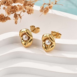 Настоящее золото 18K 304 из нержавеющей стали серьги, с бисером пресноводного жемчуга, цветок, ионное покрытие (ip), реальный 18 k позолоченный, 12.5x8.5 мм