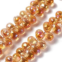 Orange Electroplate Glass Beads Strands, Top Drilled Beads, Full Rainbow Plated, Teardrop, Orange, 13.5x9.5mm, Hole: 0.9mm, about 120pcs/strand, 23.23''(59cm)