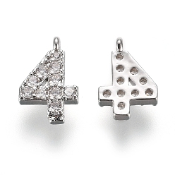 Number Латунные микропаве прозрачные кубические циркониевые подвески, число, платина, кол. 4, 9.5~10x4~6.5x2 мм, отверстие : 0.8 мм