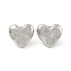 Платина Серьги-гвоздики с прозрачным паве из латуни с кубическим цирконием, сердце, платина, 16x17.5 мм