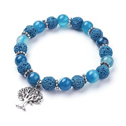 Озёрно--синий Эластичные браслеты с круглыми бусинами из натурального камня лавы (окрашенные), с естественным полосатым агатом / полосатым агатом, Подвески из сплава, дерево, Плут синий, 2-1/8 дюйм (54 мм)