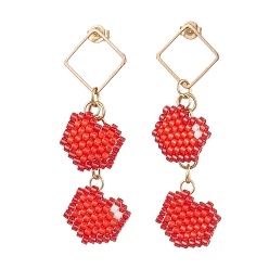 Красный Серьги-гвоздики в форме сердца из стеклянных бусин ручной работы, Ткацкий станок, золотые, красные, 55x15.5 мм