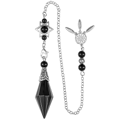 Обсидиан Биолокационные маятники из натурального обсидиана, с платиновым покрытием латунная фурнитура, ромб, 300 мм