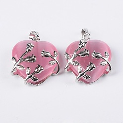 Pink Cat Eye Pendants, with Brass Findings, Heart, Platinum Color, Pink, 23x21x9mm, Hole: 5x4mm