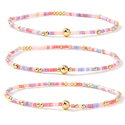 Pink Boho Round Brass and Glass Seed Beaded Stretch Stackable Bracelet Sets, Golden, Pink, 6.50 inch(16.5cm), 3pcs/set