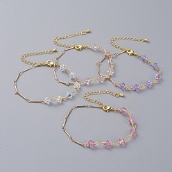 Mixed Color Bicone Austrian Crystal Beaded Bracelets, with Real 18K Gold Plated Brass Bar Link Chains, Brass Chain Extender and Lobster Claw Clasps, Mixed Color, 7-1/4 inch(18.5cm)