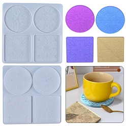 White Mandala Pattern Coaster Silicone Molds, Resin Casting Molds, For DIY UV Resin, Epoxy Resin Craft Making, Round & Square, White, 240x240x8mm