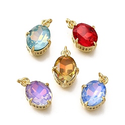 Настоящее золото 18K Латунь стекло амулеты, овальные амулеты, с петлей для прыжковых колец, без свинца и без кадмия, стойки покрытие, прочное покрытие, граненые, реальный 18 k позолоченный, 14x10x7.5 мм, отверстие : 2 мм