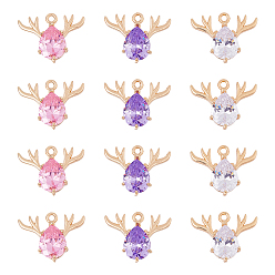 Gemischte Farbe 12Stück 3Farben Messing Glas Strass Anhänger, langlebig überzogen, cadmiumfrei und bleifrei, Weihnachten Rentier / Hirsch, für Weihnachten, Gemischte Farbe, 15x20x5 mm, Bohrung: 1.5 mm, 4 Stk. je Farbe