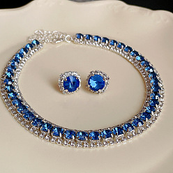 Сапфир Комплекты из квадратных латунных цепочек со стразами и серег-гвоздиков, платина, сапфир, 420 мм