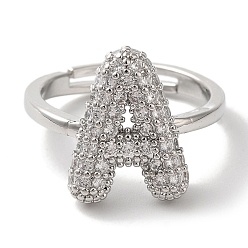 Letter A Стойка покрытие буква латунь микро паве прозрачный кубический цирконий регулируемые кольца для женщин, буква a, 15x11.5 мм, внутренний диаметр: 17 мм