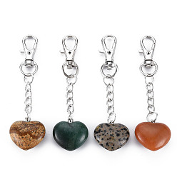 Mixed Stone Natural Mixed Gemstone Keychain, with Brass Lobster Claw Clasps and Iron Chains, Heart, Platinum, 80~86mm